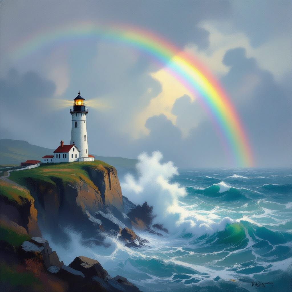 Lighthouse on Cliff with Rainbow in Painterly Style