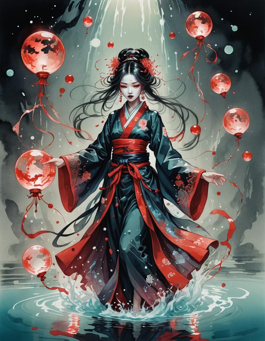 Fantasy Vampire Ribbon Dance in Ink Illustration Style