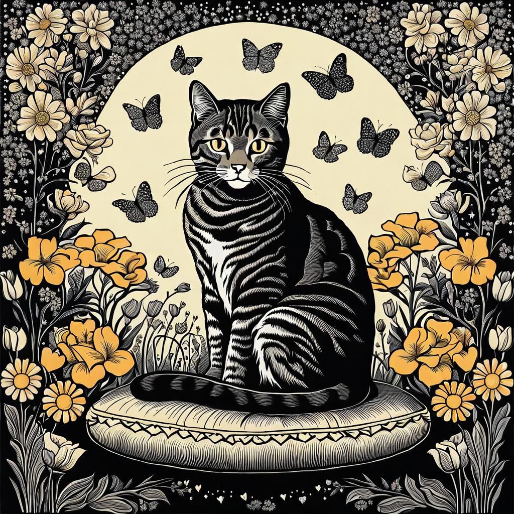 Cute Cat Surrounded by Flowers in Geometric Style