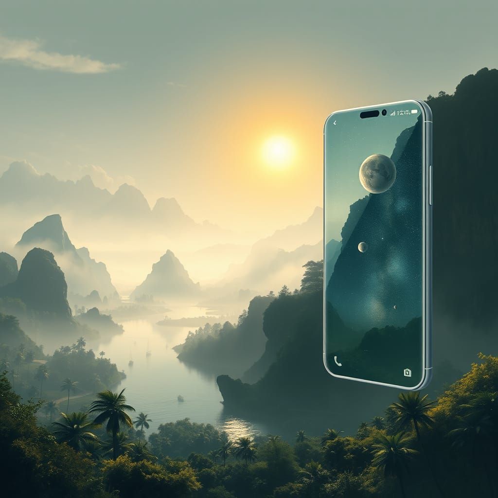 Misty Valley Landscape with Transparent Smartphone, Digital ...