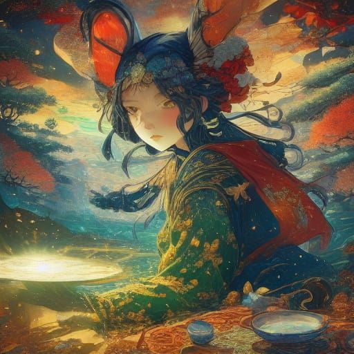 Impressionist Painting of Girl and Wolf in Snowy Mountains