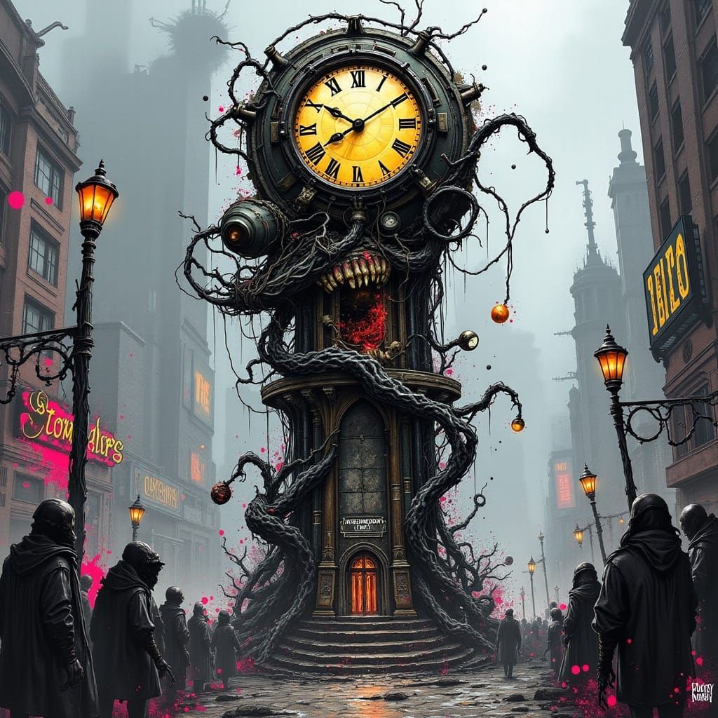 Surreal Steampunk Clock Tower Scene with a Crowd in Dark Vic...