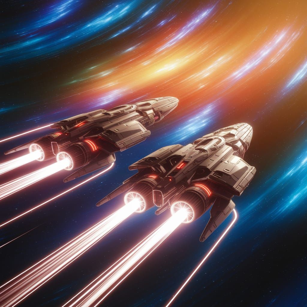 Sleek Spaceships Blaze Through Cosmic Nebula in Anime-Inspir...