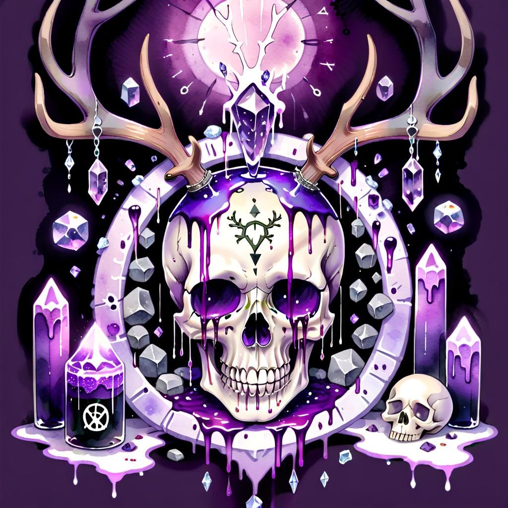 Pastel Goth Skull with Antlers in Watercolor Style