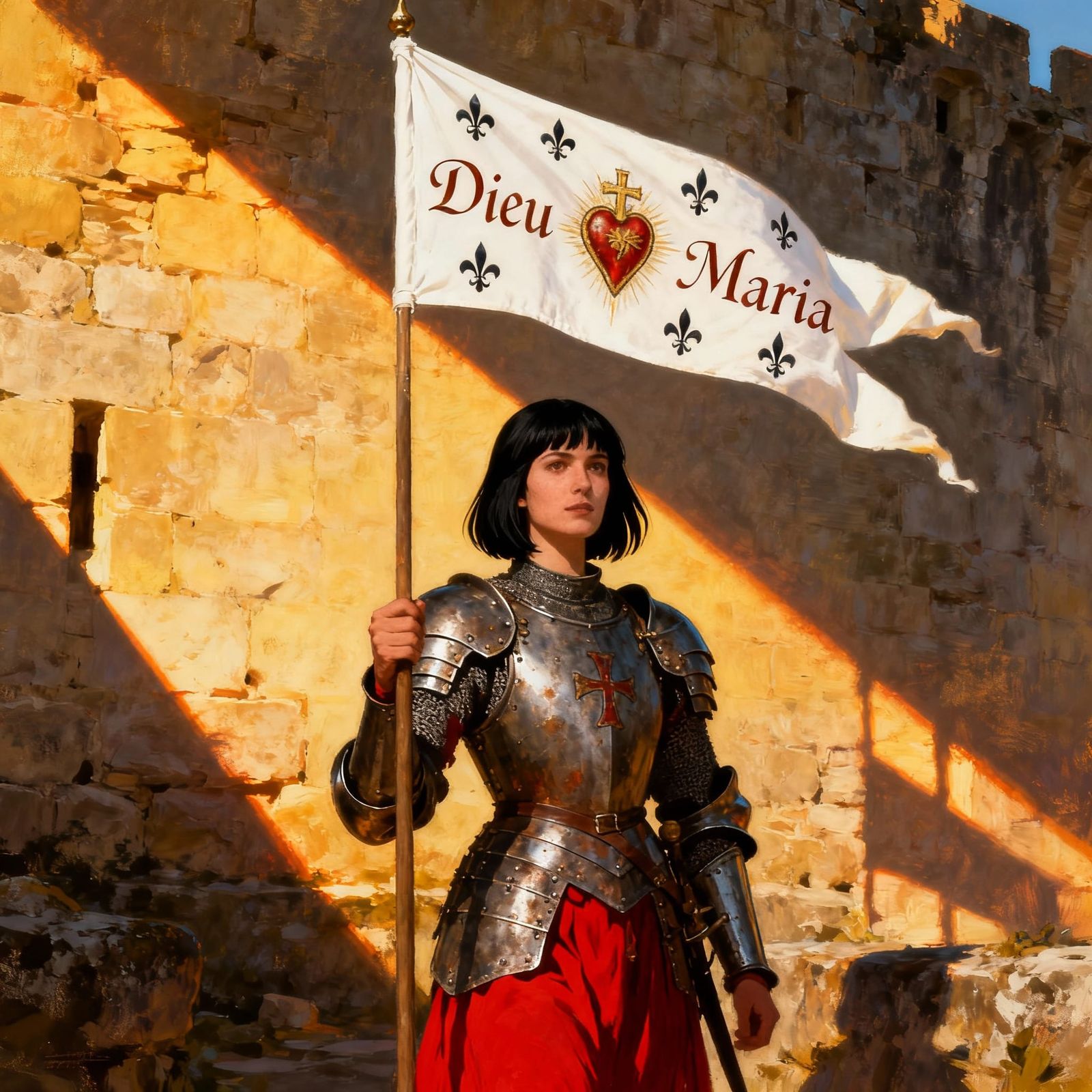 Joan of Arc Defiantly Holds Banner Before City Walls