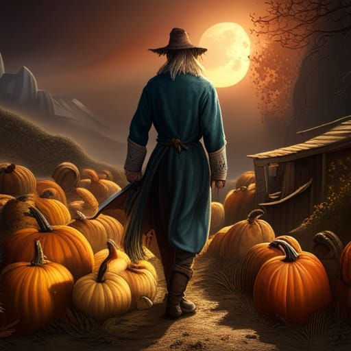 Scarecrow and Crow in Pumpkin Patch: Detailed Matte Painting