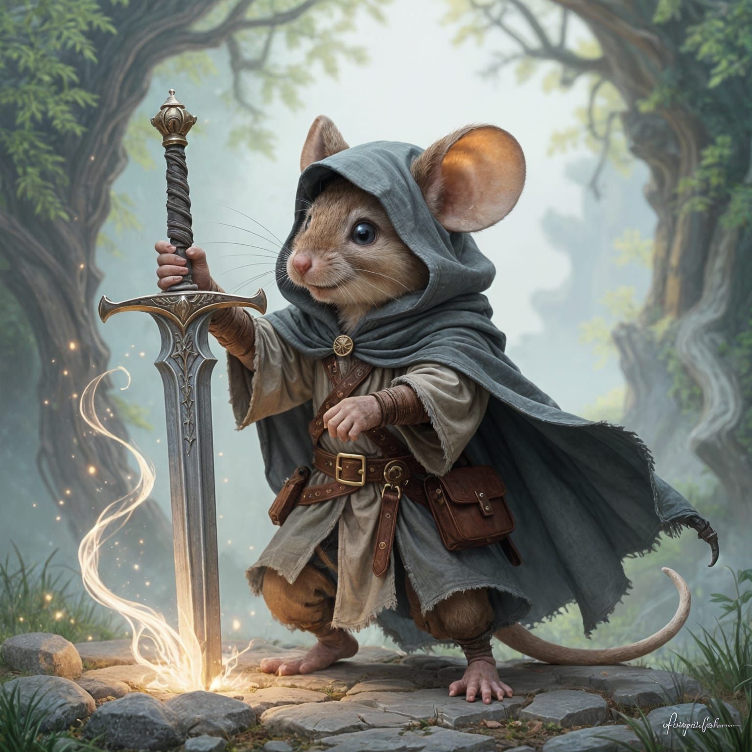 Triumphant Mouse Pulls Excalibur in Ethereal Fantasy Style