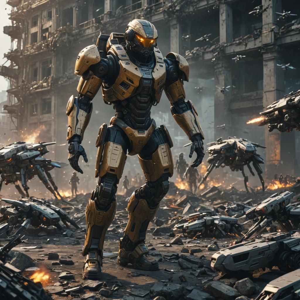 Human Strength in Ruin: Soldier Amidst Drones