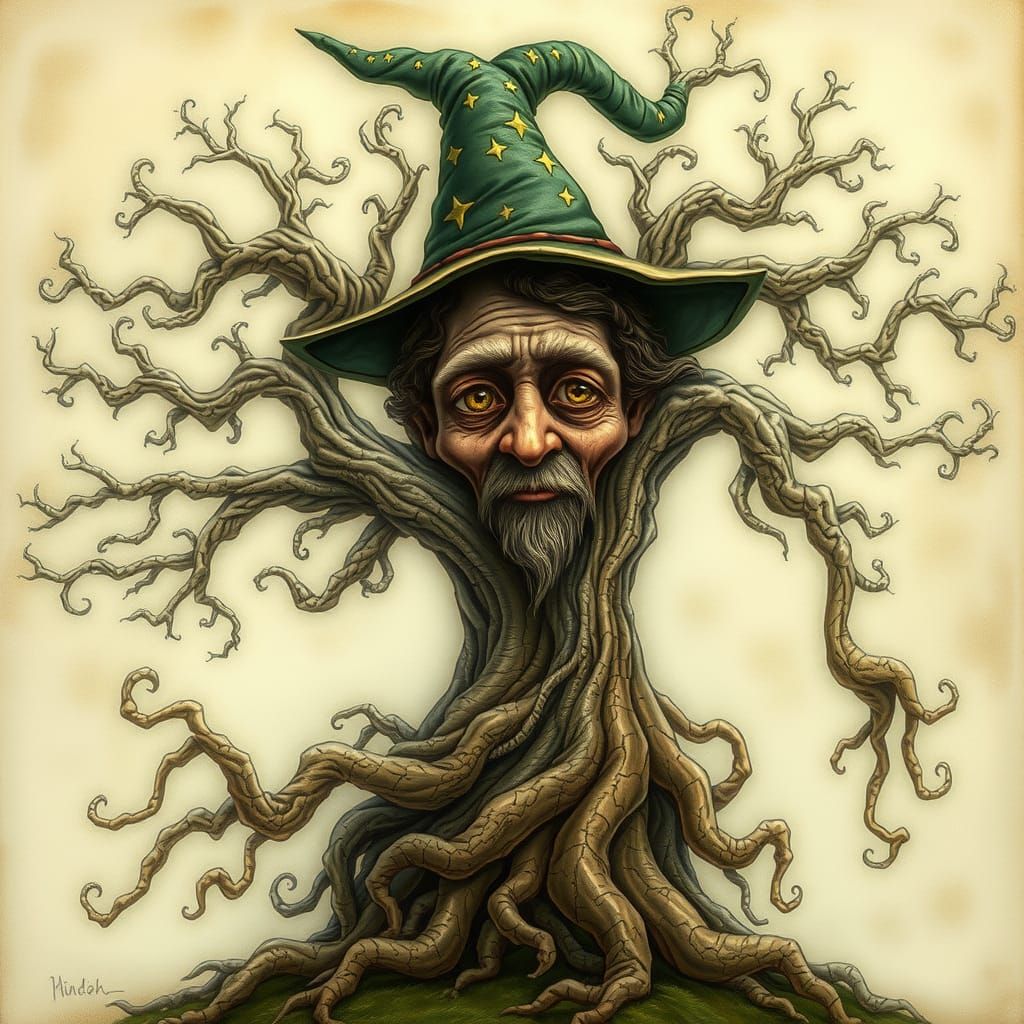 Enchanted Wizard Tree with Star-Studded Hat and Floating Roo...
