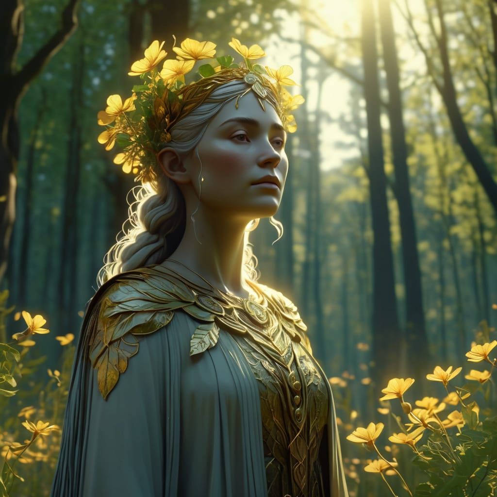 Druid Goddess in Forest Clearing, Art Nouveau Style