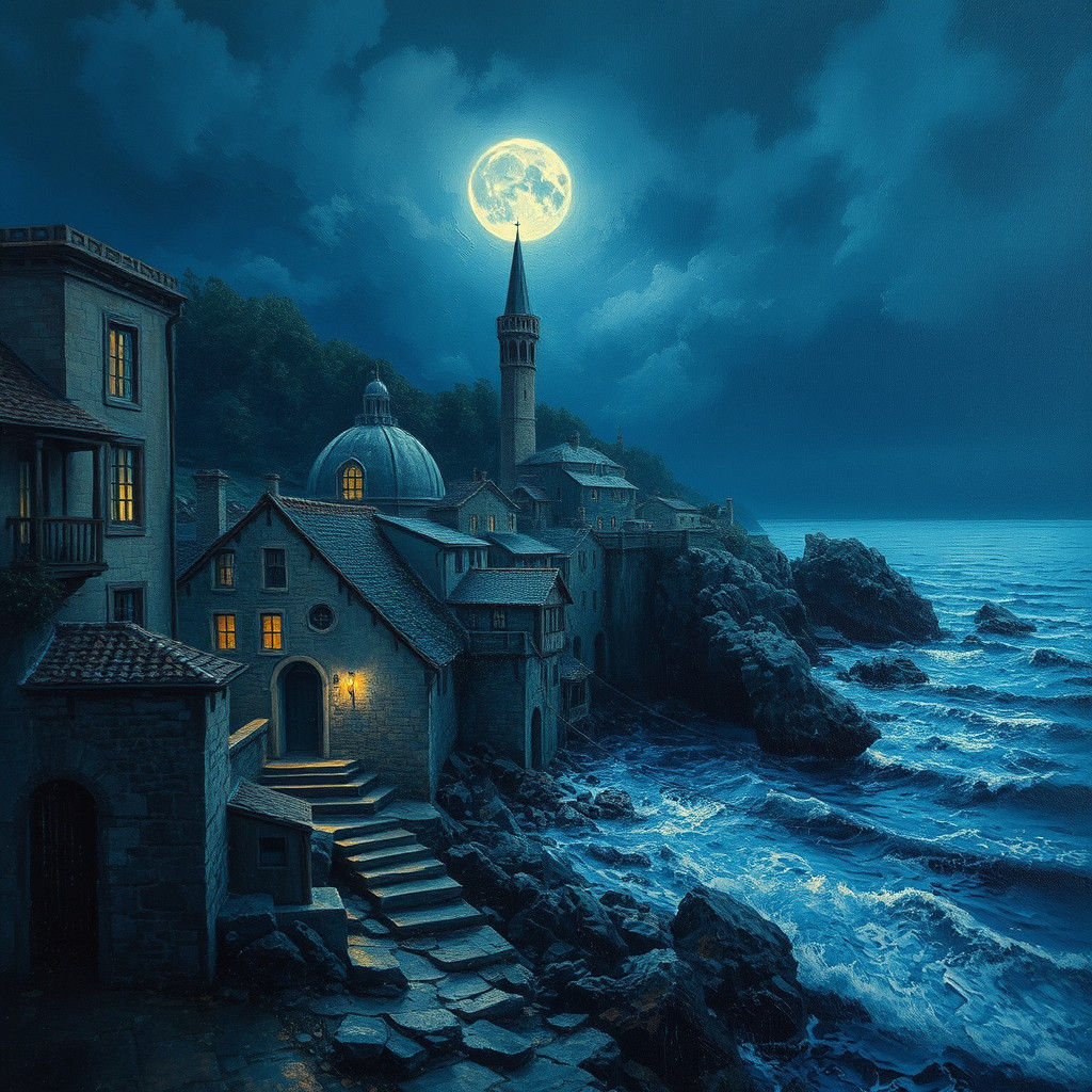 Blue Seaside Village as Romantic Impasto Oil Painting