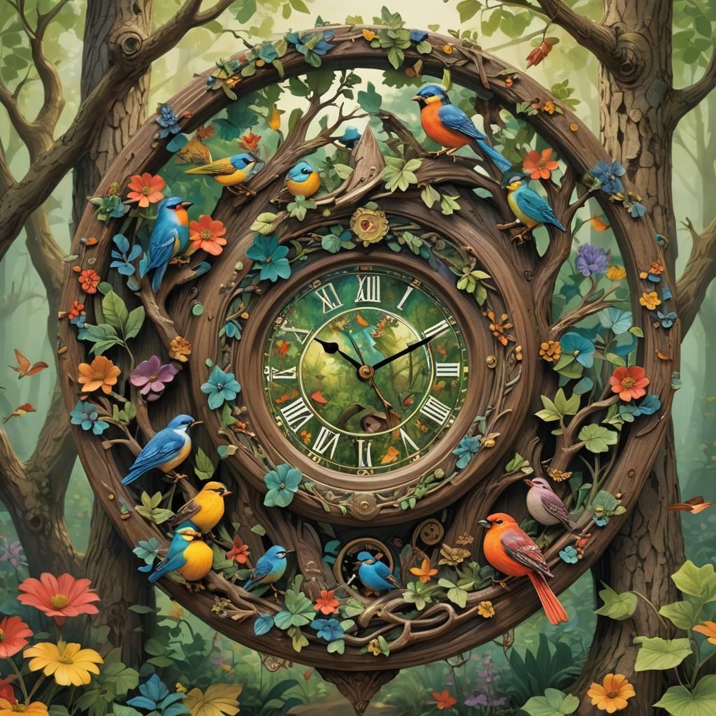 Whimsical Bird Clock with Woodland Scene, Matte Painting