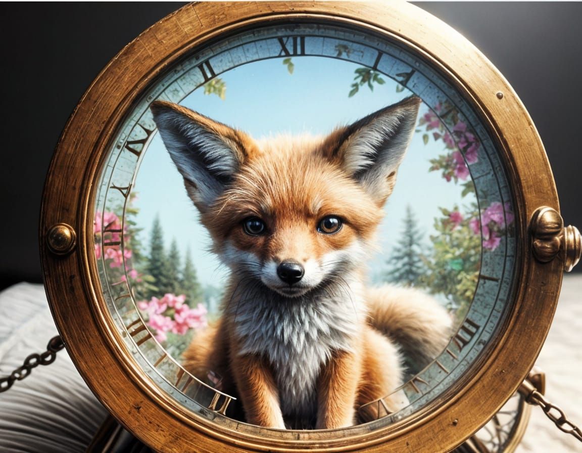 Chibi Fox Portrait Inside a Watercolour Clock