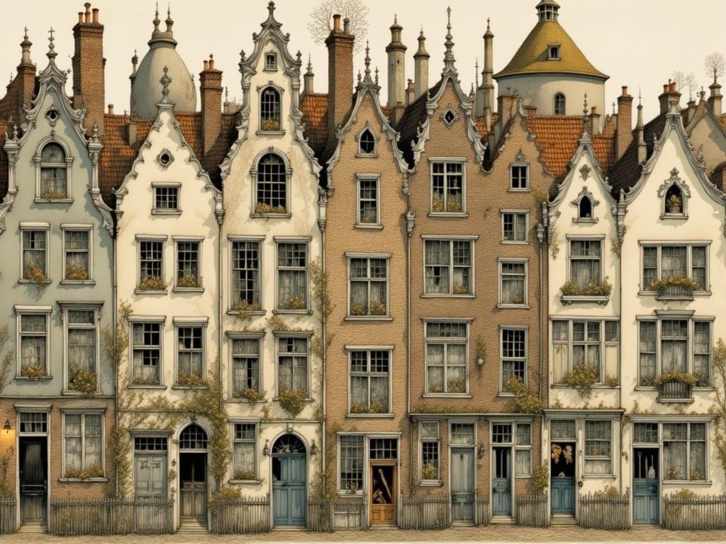Charming Dutch Houses in Evening Light, Intricately Detailed
