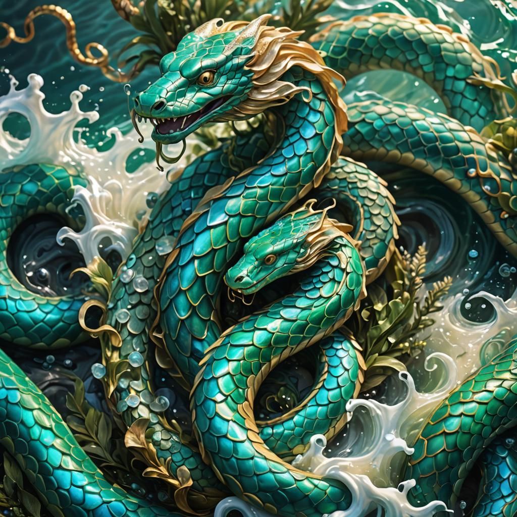 Entwined Water Serpents in Emerald Seas