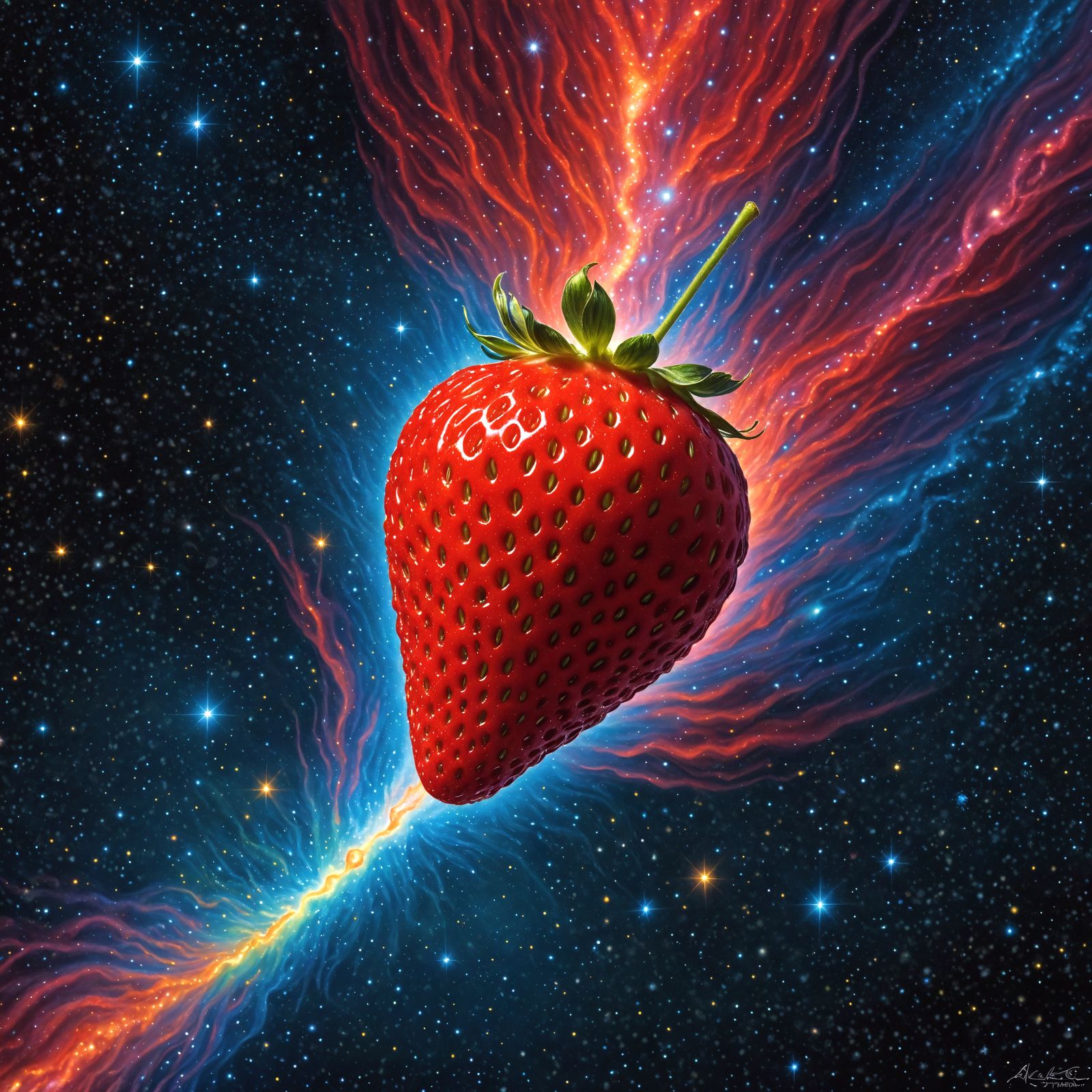 Cosmic Strawberry in Hyperrealistic Bioluminescent Style