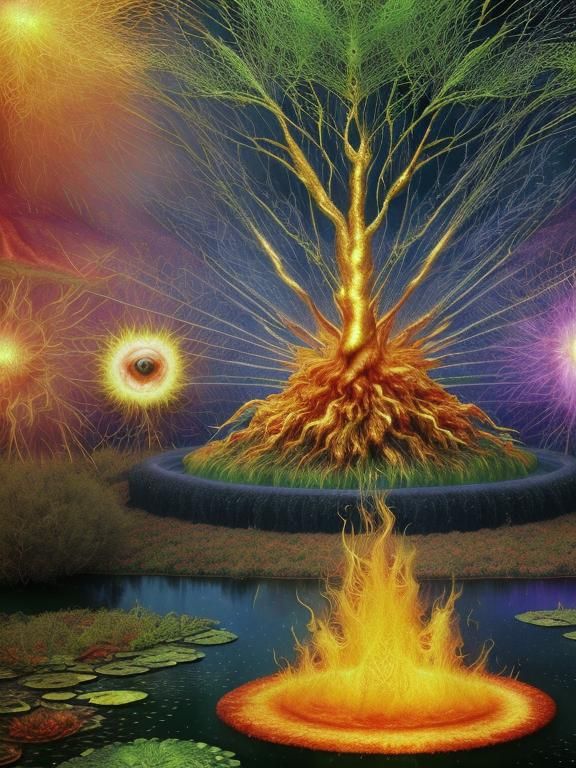 Surreal Biopunk Landscape with Erupting Pond by Night