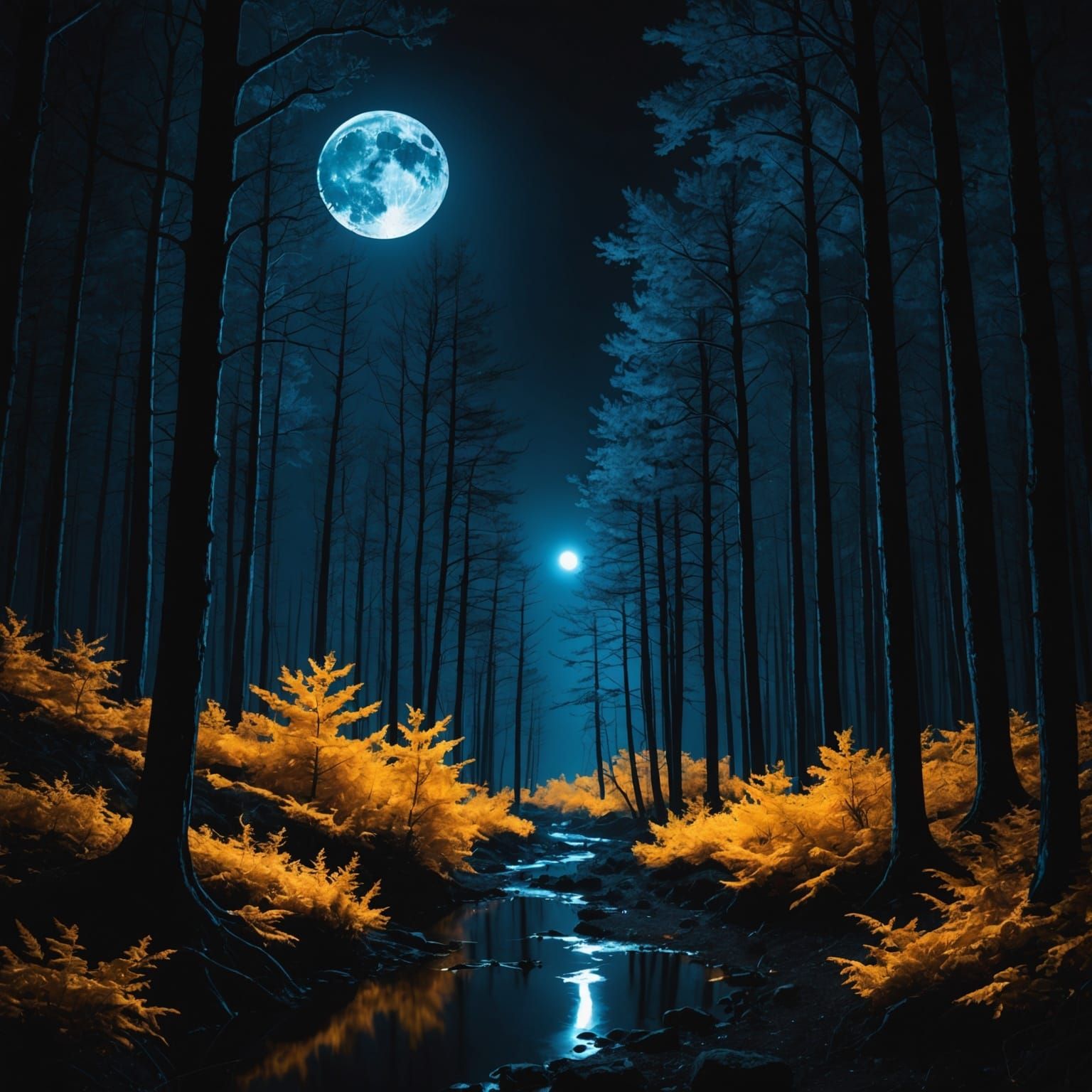 Fluorescent Forest Under a Bioluminescent Moon