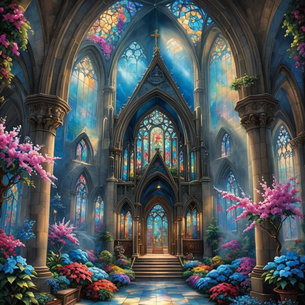 Vibrant Bougainvillea Stained Glass Altar: Digital Matte Pai...