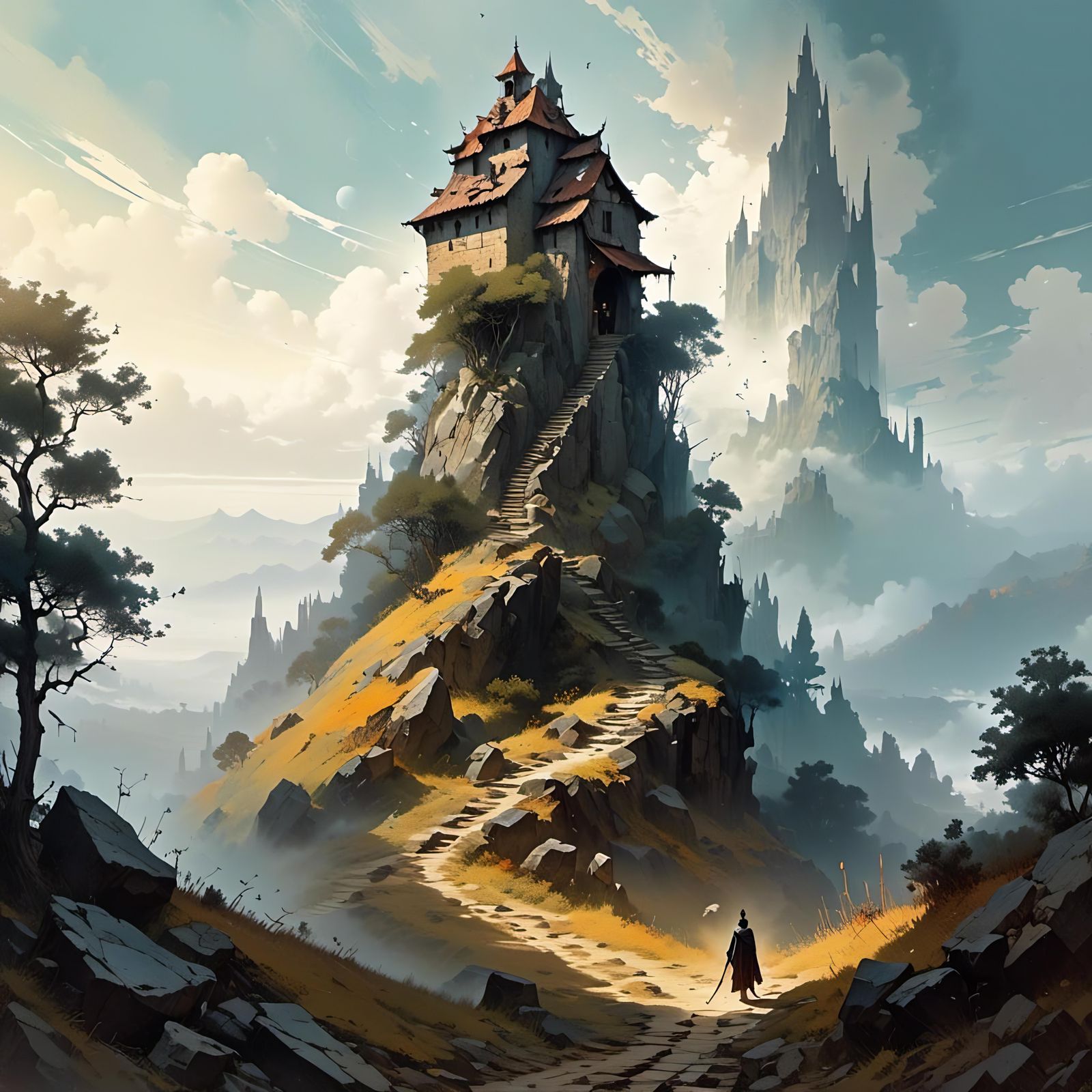 Medieval Stone Tower in Morning Fog Landscape