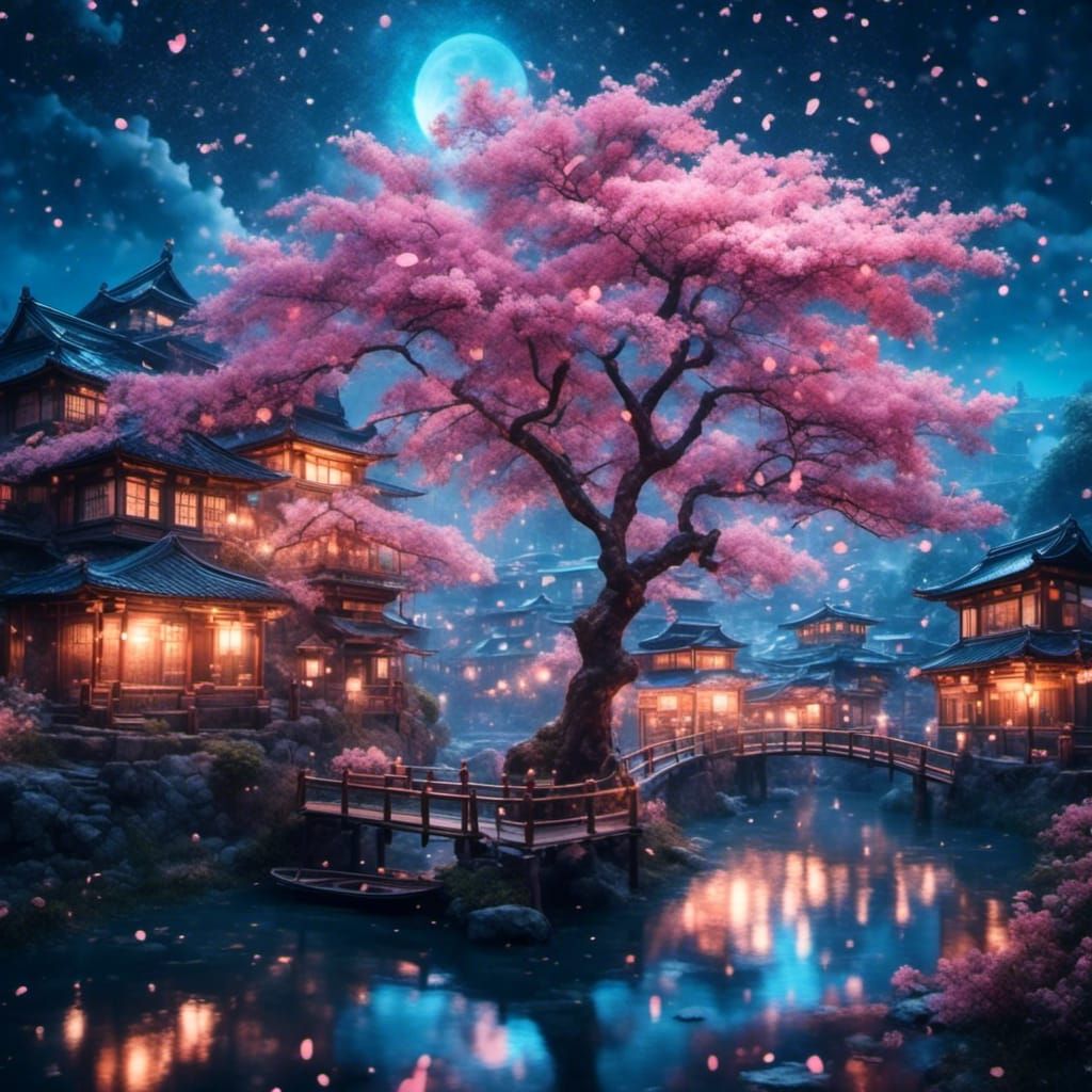 Kyoto Summer Night: Cherry Blossoms in Bloom