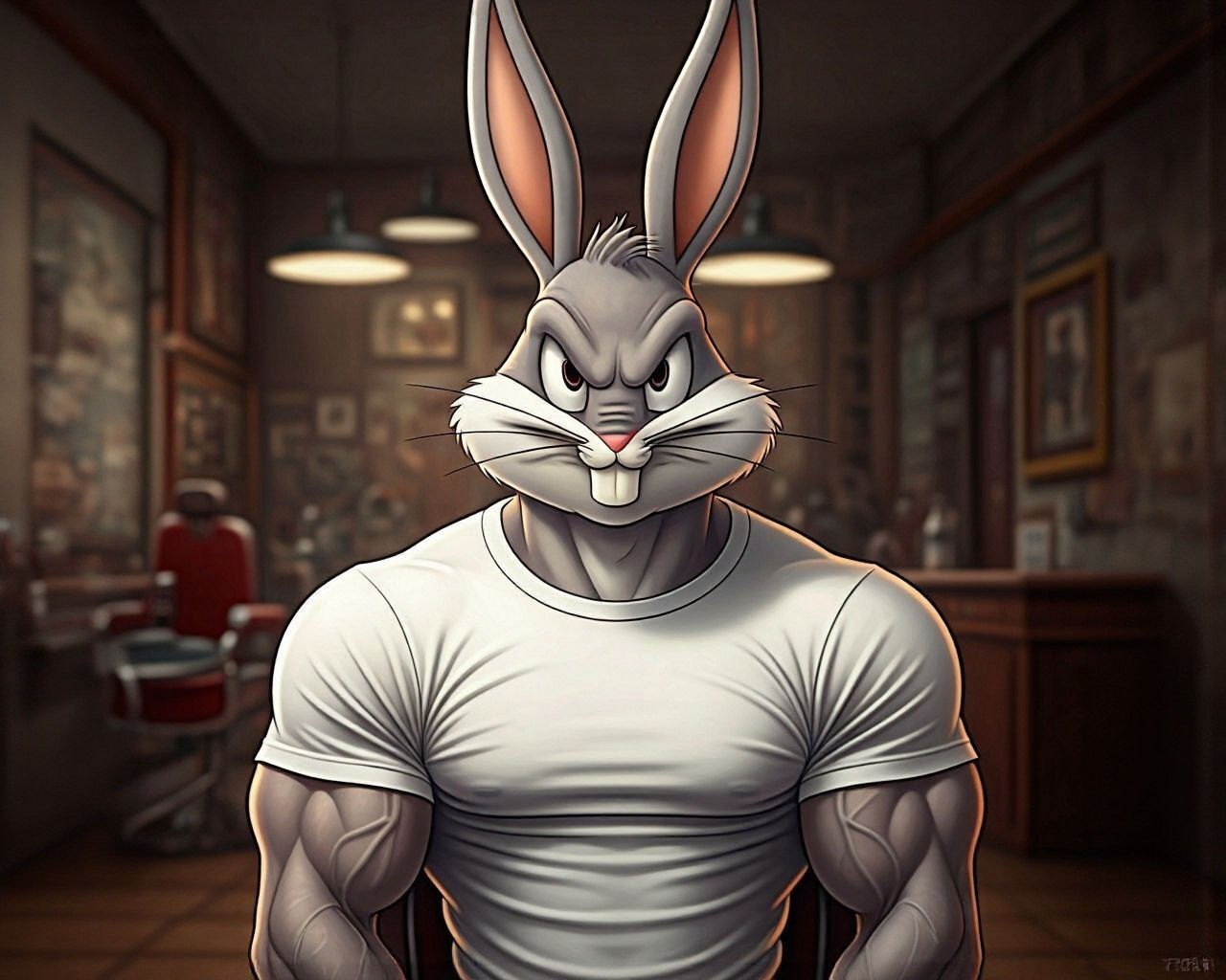 Muscular Bugs Bunny in Serious Barber Shop Scene