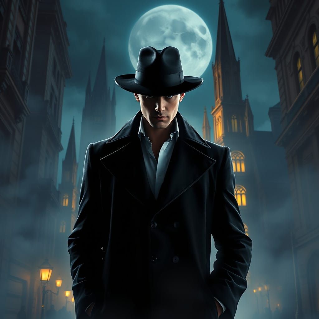 Mysterious Figure in Moonlit Cityscape