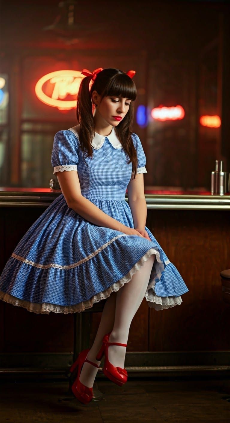 Woman in Vintage Gingham Dress, Neon Lighting, 1960s Diner S...