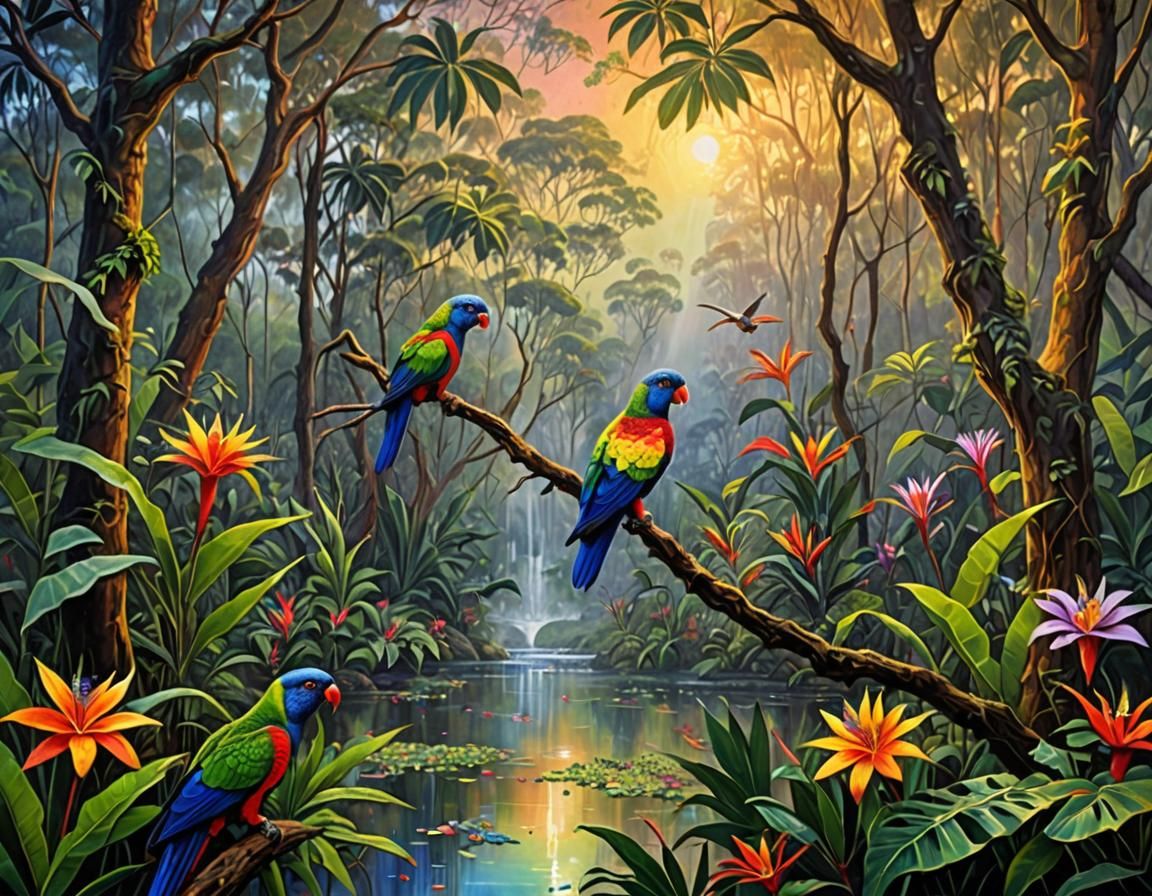 Lush Rainforest with Lorikeet, an Impressionistic Oil Painti...