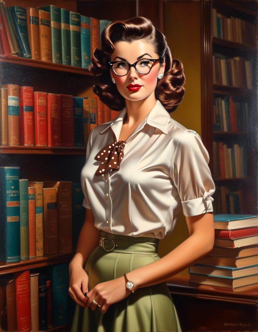 1950s Woman in Bookstore: Photorealistic Oil Painting