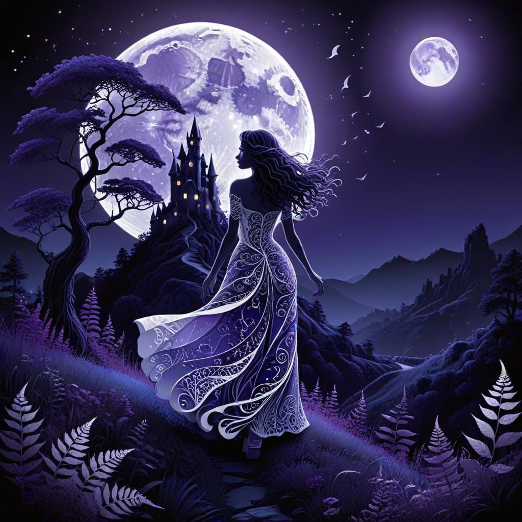Whimsical Vector Art of Fae Realm with Curved Trees and Moon...