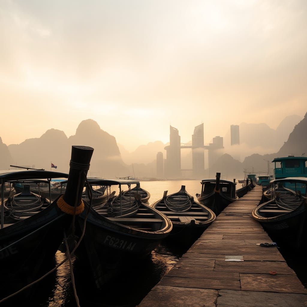 Golden Hour Harbor with Sampan Boats