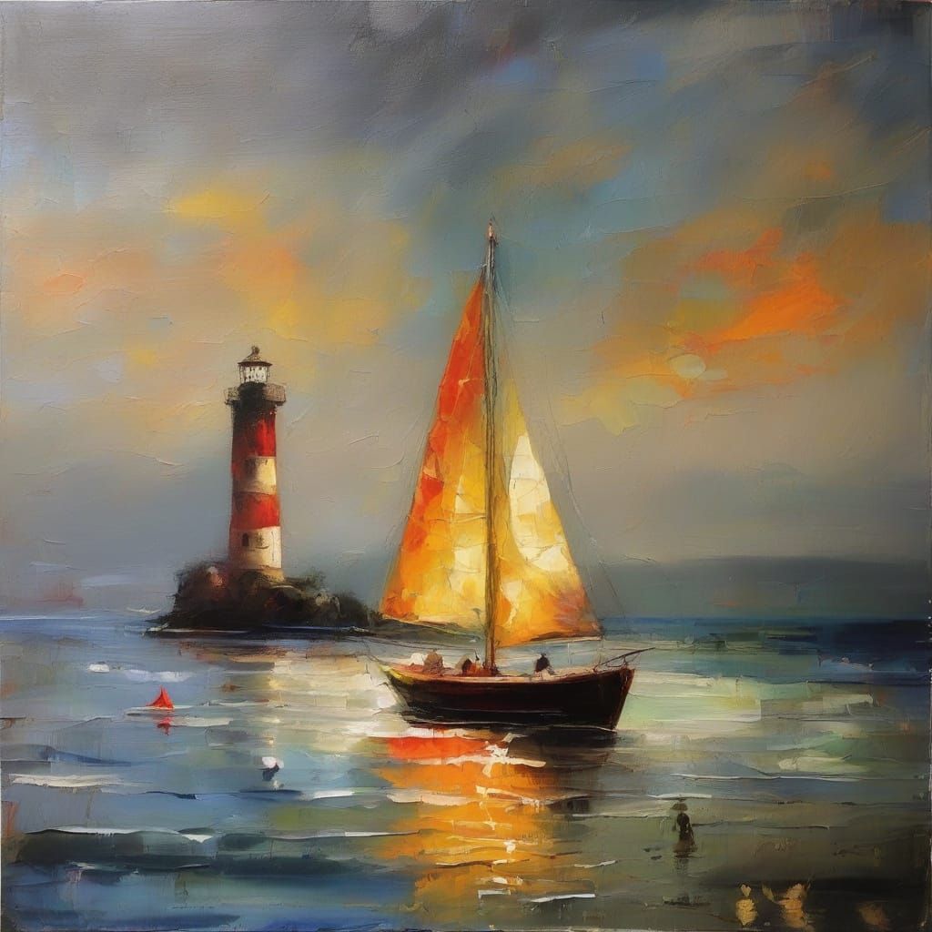 Seascape Painting with Sailboat and Lighthouse in Encaustic ...