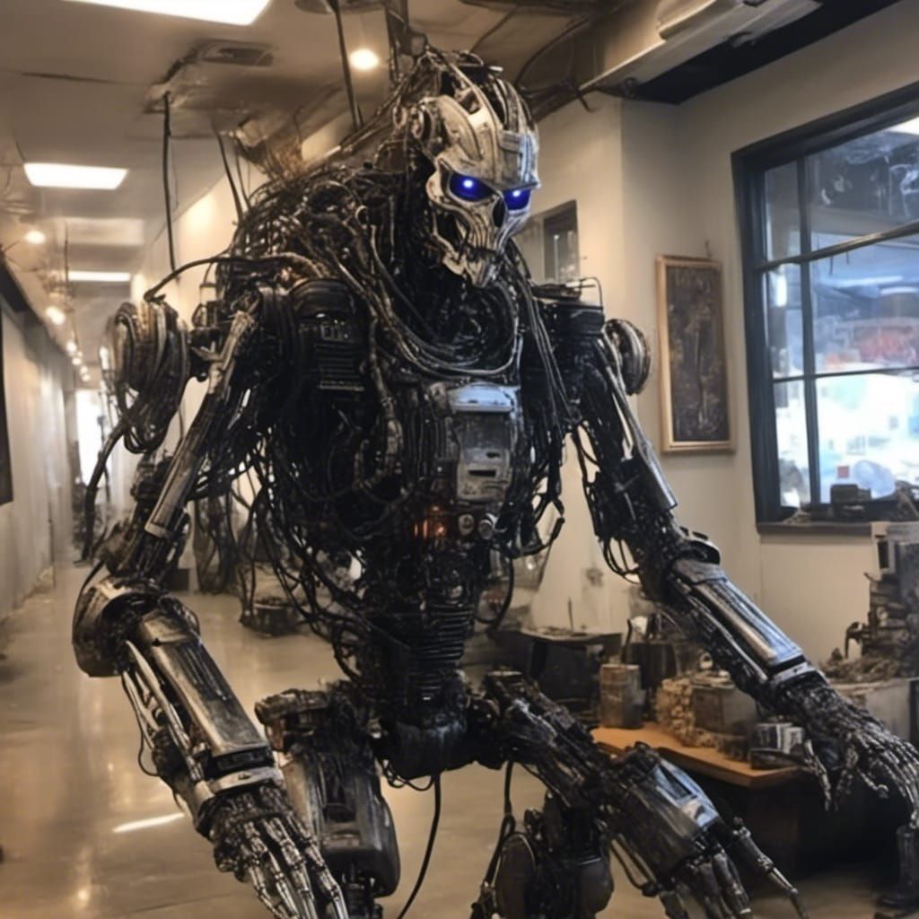 Humanoid Robot with Flamethrower in Aeon Punk Style