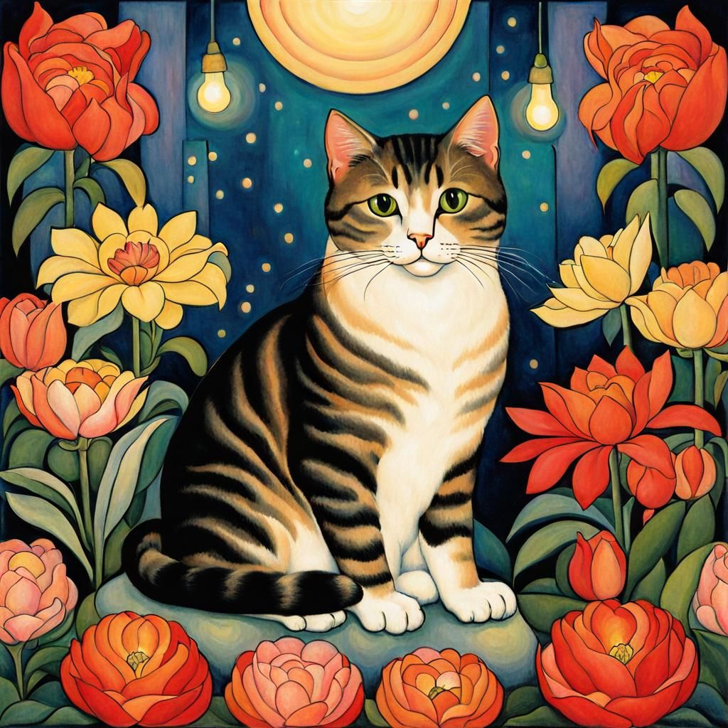Cat with Flowers in Muralist Style