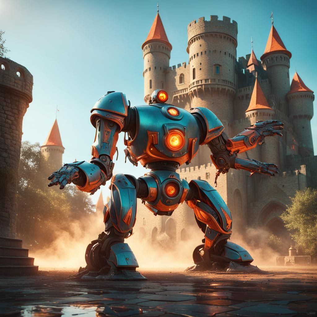 Robot Jousts Alien in front of Castle, Hyperdetailed Art