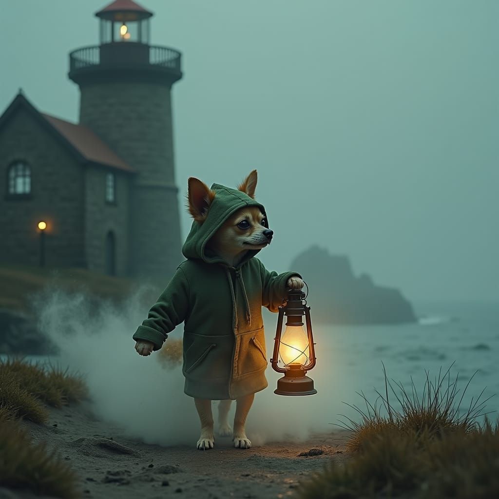 Ethereal Chihuahua and Lighthouse in Beksiński Style