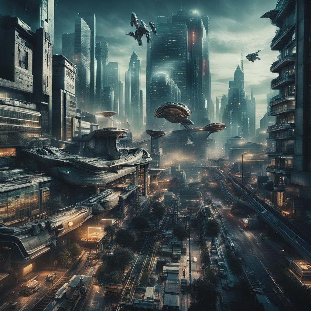 Futuristic Metallic Cityscape in Cinematic Style