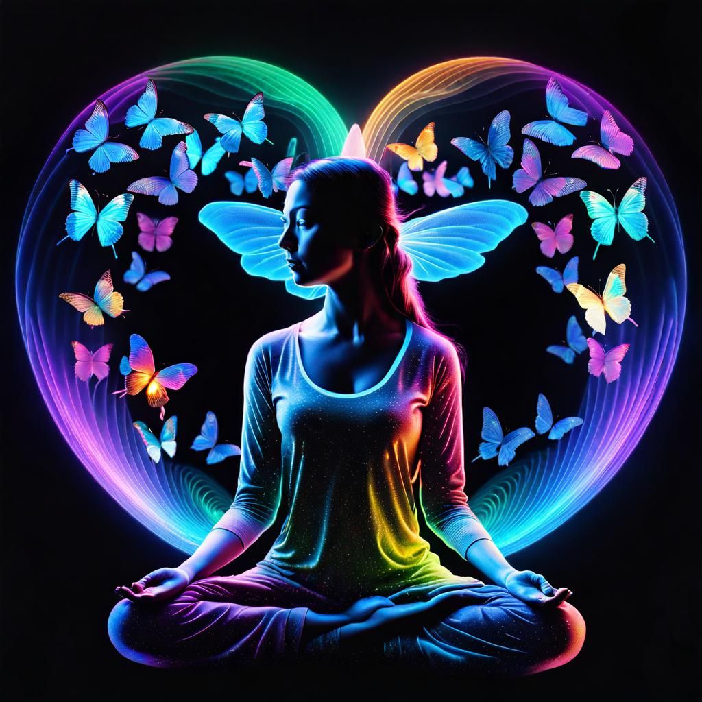 Bioluminescent Meditating Woman with Butterflies