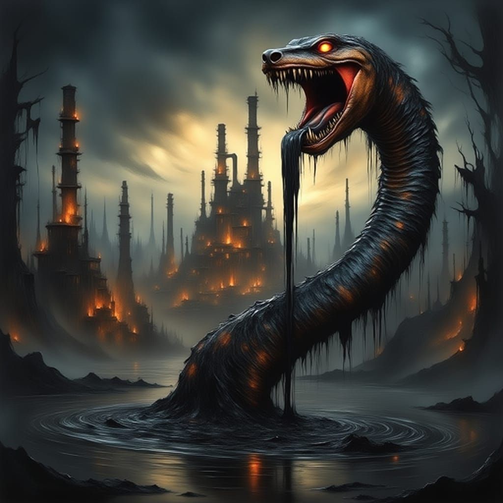 <lora:Air Quality Warnings:1.0> <lora:Archetypal Images:1.0> Black oil gushing from a mutated black snake's mouth. In th...