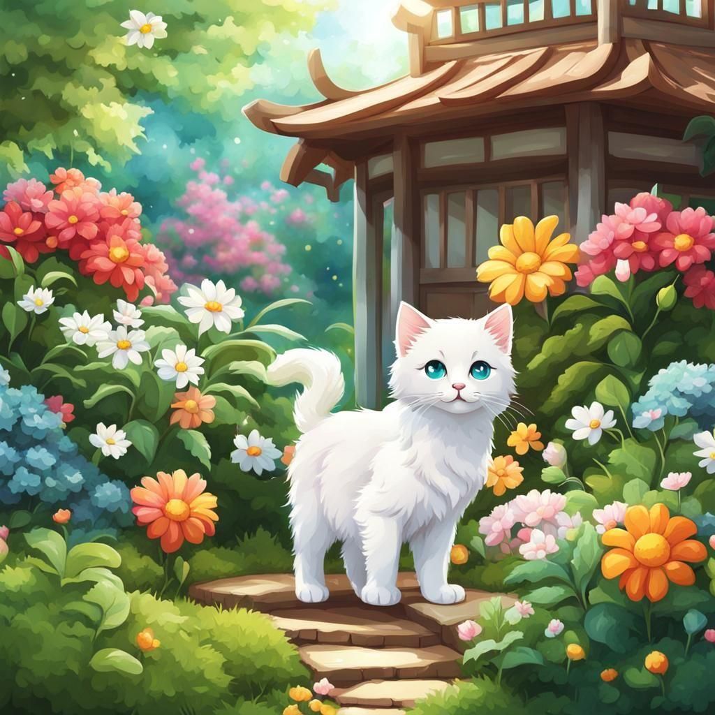 Kawaii Chibi Kitten in Colorful Anime Garden