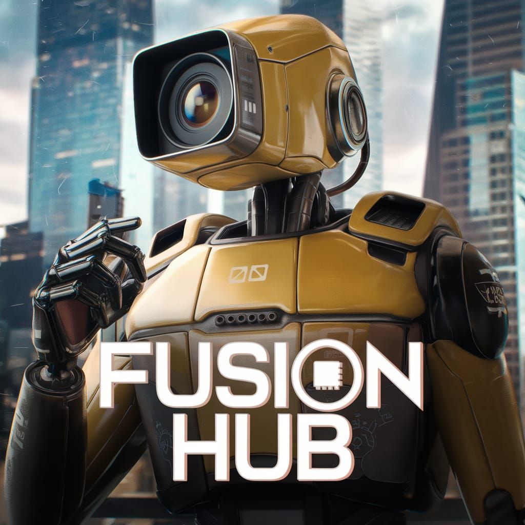 Anime Logo: Fusion Hub Robot in Cityscape