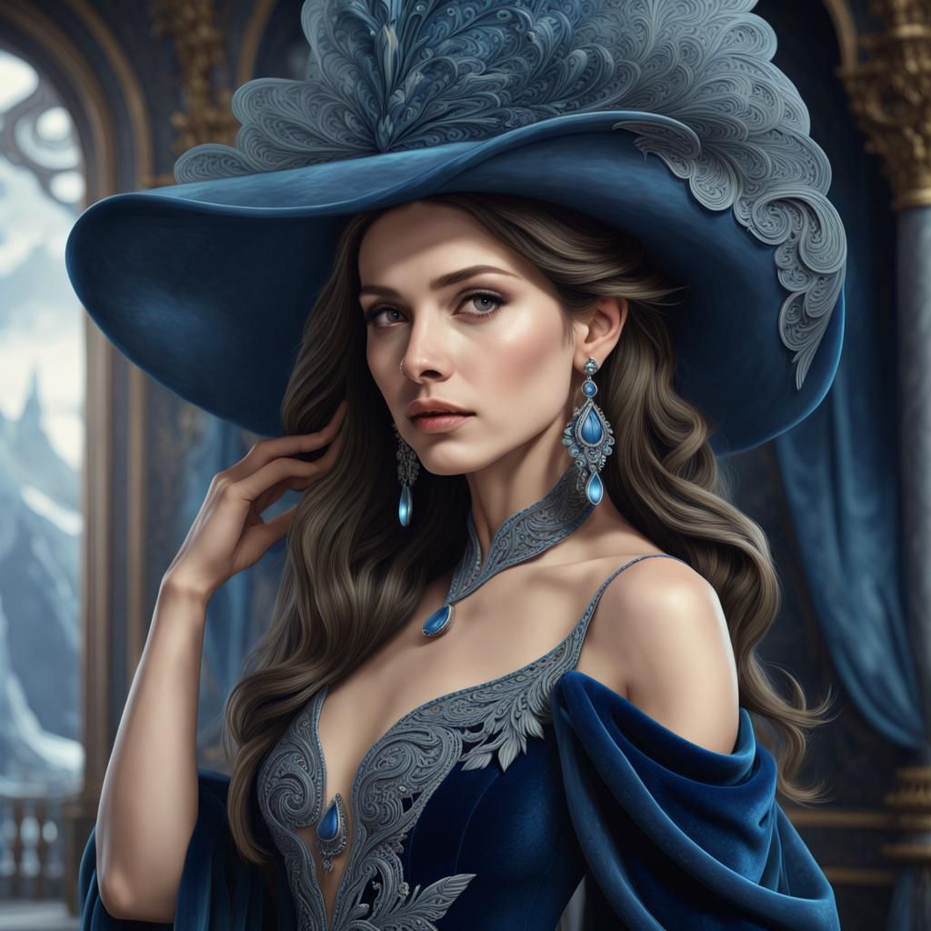 Brunette in Blue Velvet Gown, Digital Art