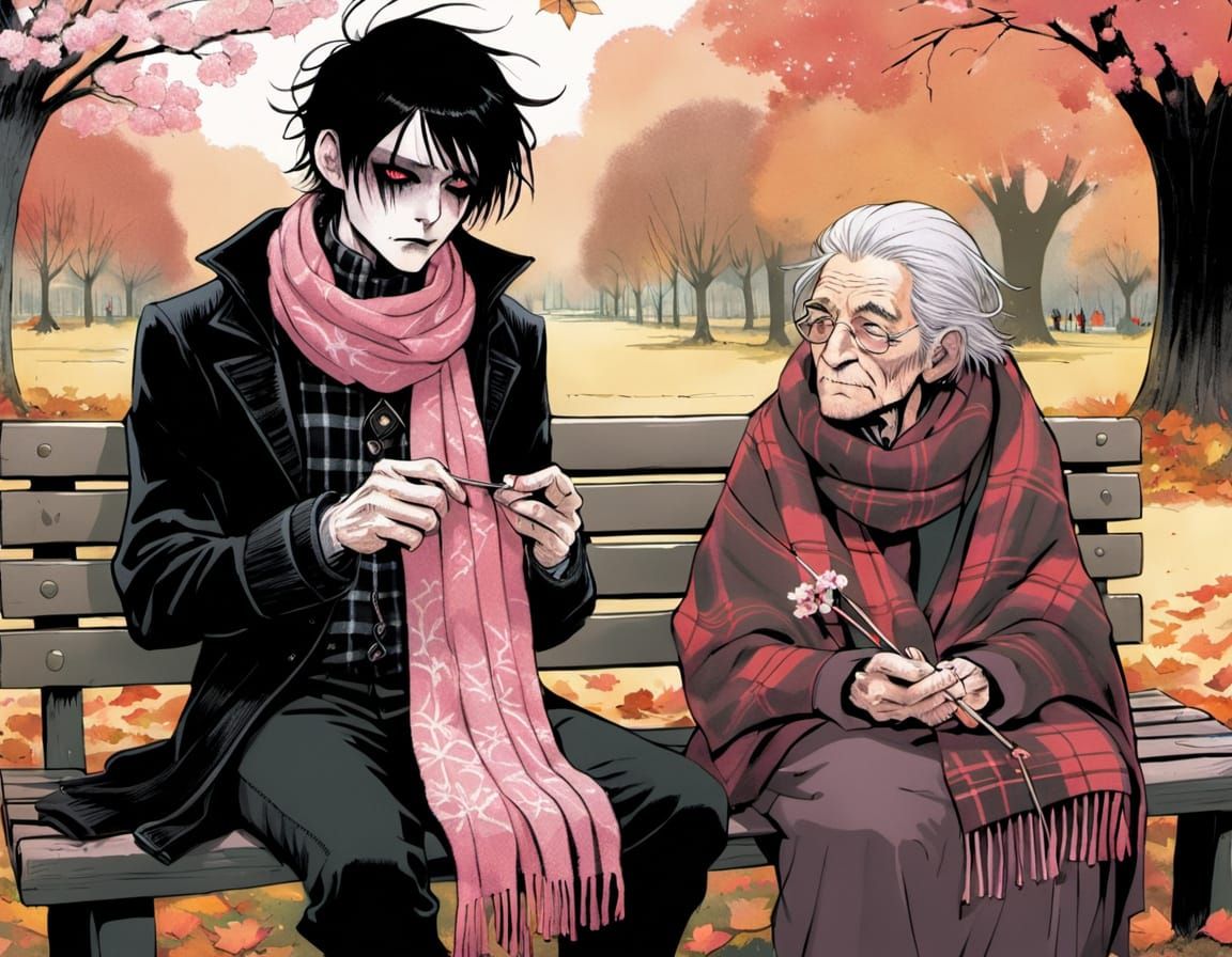 Goth Man Knits Pink Scarf with Granny in Autumn Park