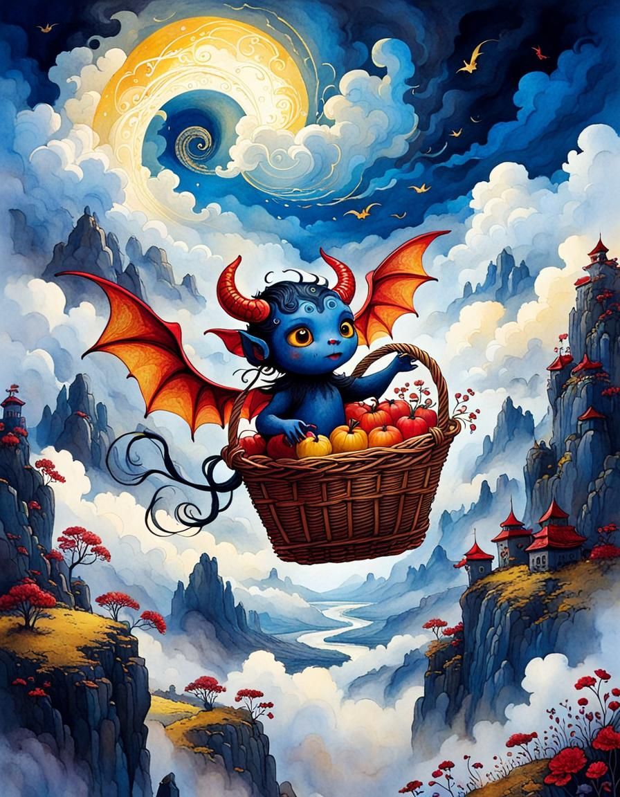 Demon in Basket Soaring Through Fantasy World