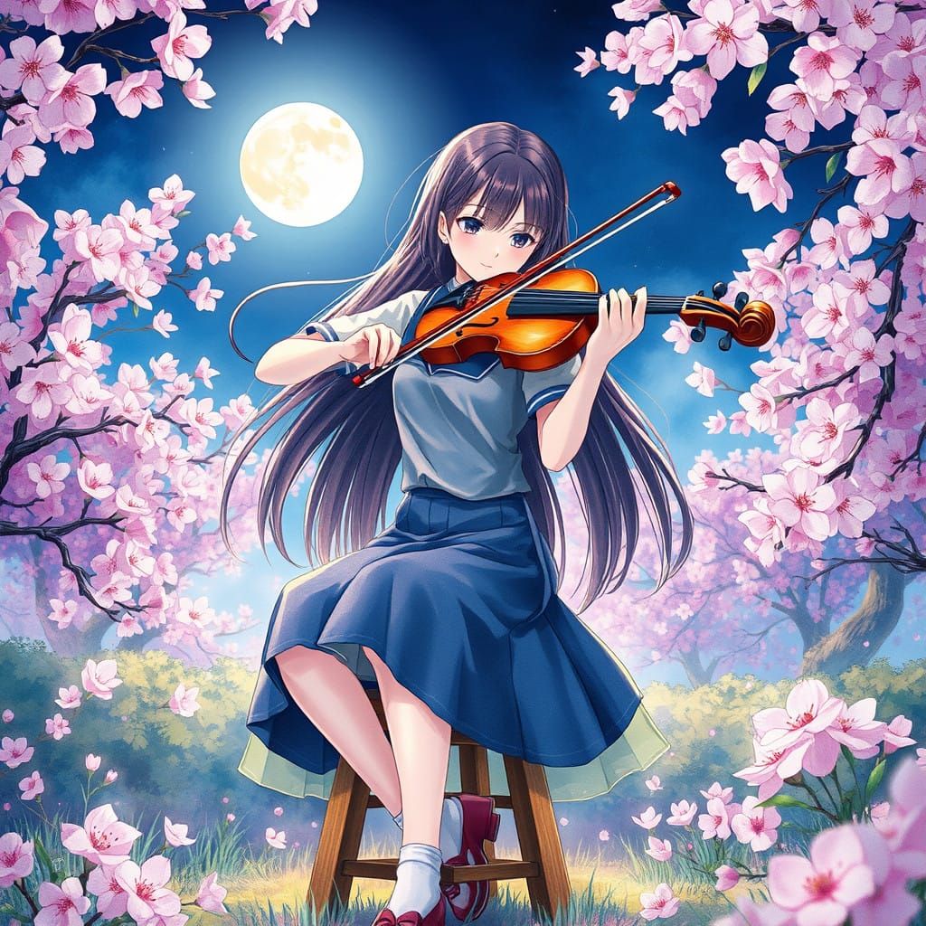 Serene Anime Girl Plays Violin Under Cherry Blossoms