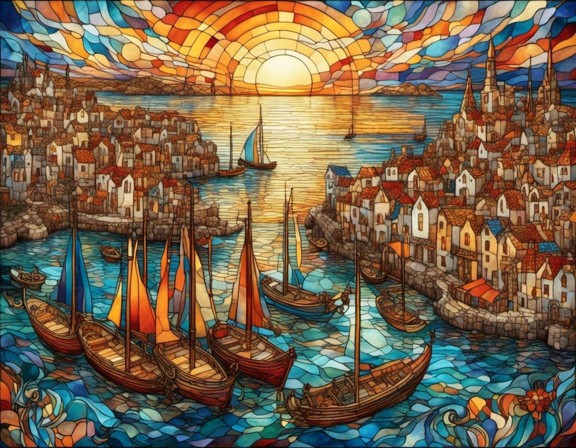 Stained Glass Mediterranean Harbor