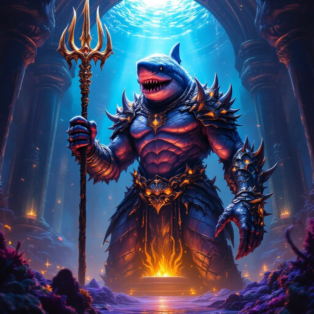 Dark Fantasy Shark-Man Concept Art in Art Nouveau Style