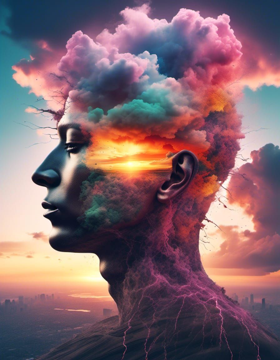 God of Sunset: Double Exposure Digital Portrait