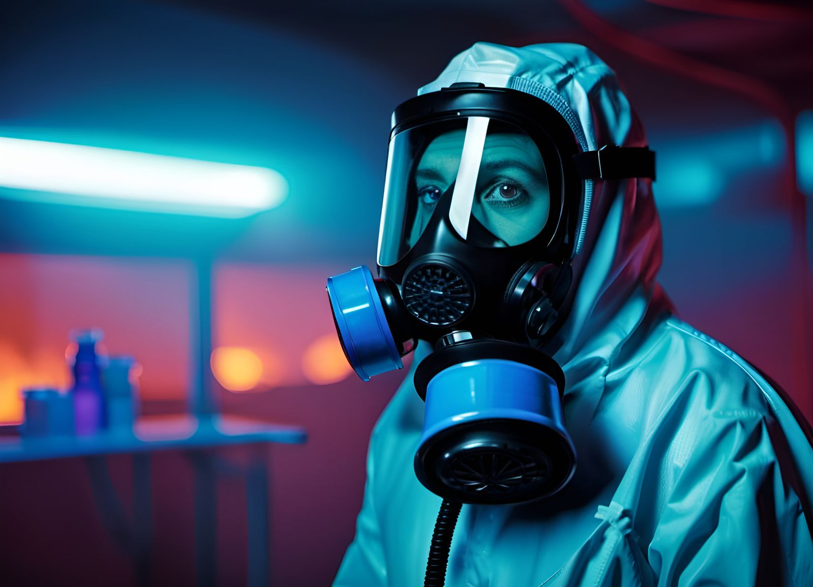 Apocalyptic Cleaner in Hazmat Suit With Gas Mask